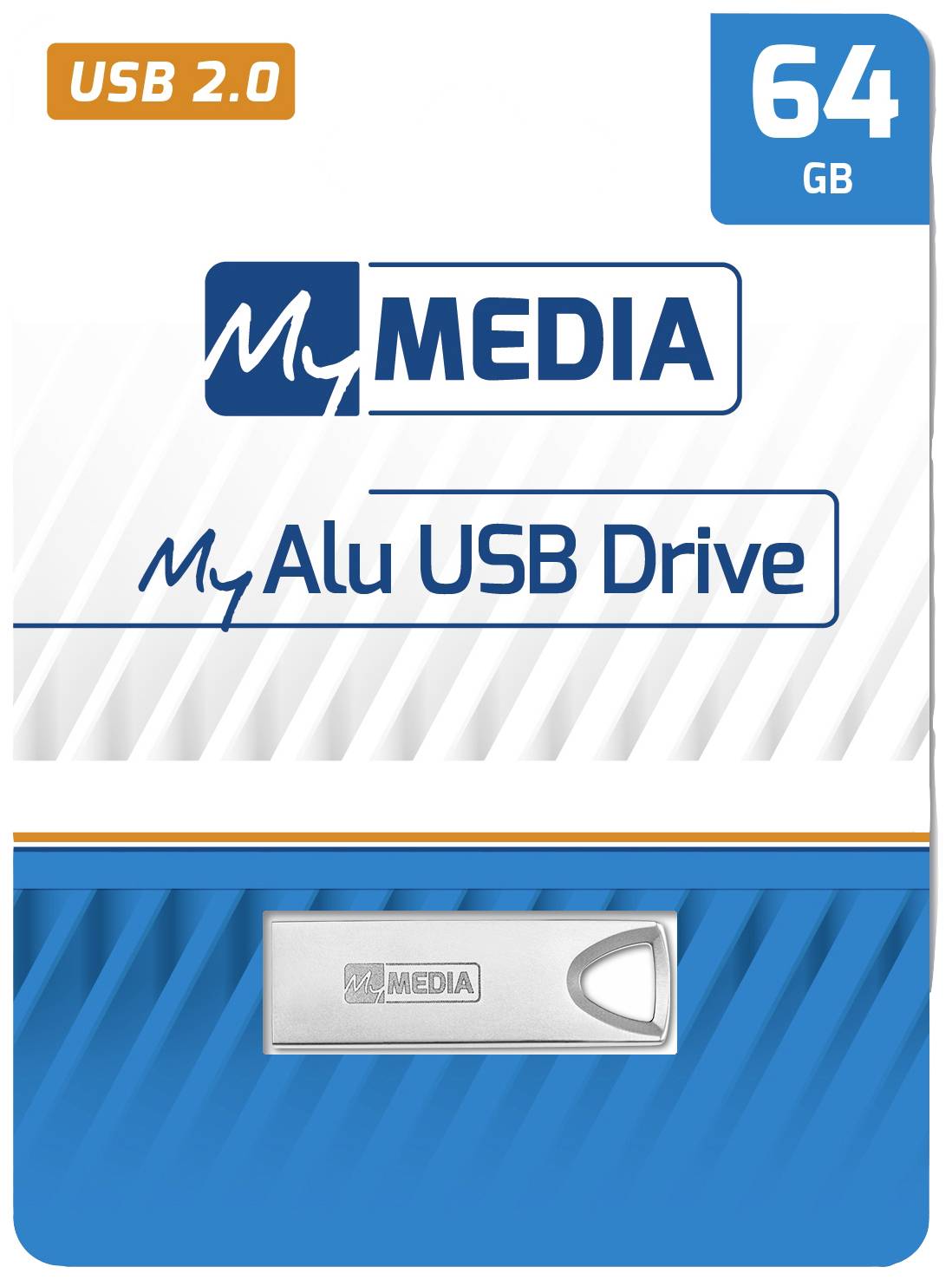 USB 2.0 MyMedia Alu USB Drive, 64 GB Kapazität, silberner USB-Stick auf blau-weißer Verpackung abgebildet.