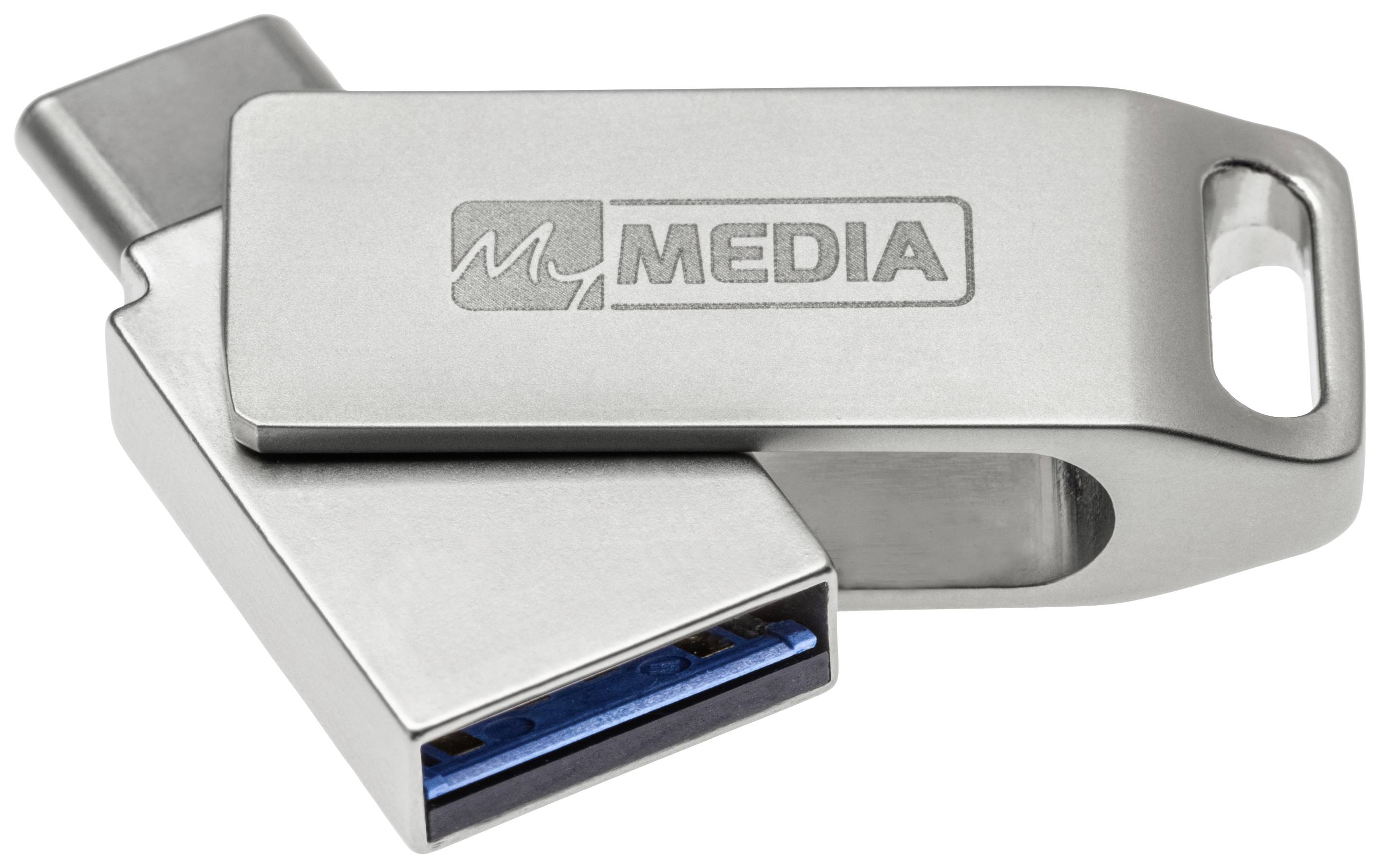 Ein silberner USB-Stick mit 'MEDIA'-Logo, kombiniert mit USB-A und USB-C Anschlüssen für vielseitige Anschlussmöglichkeiten.