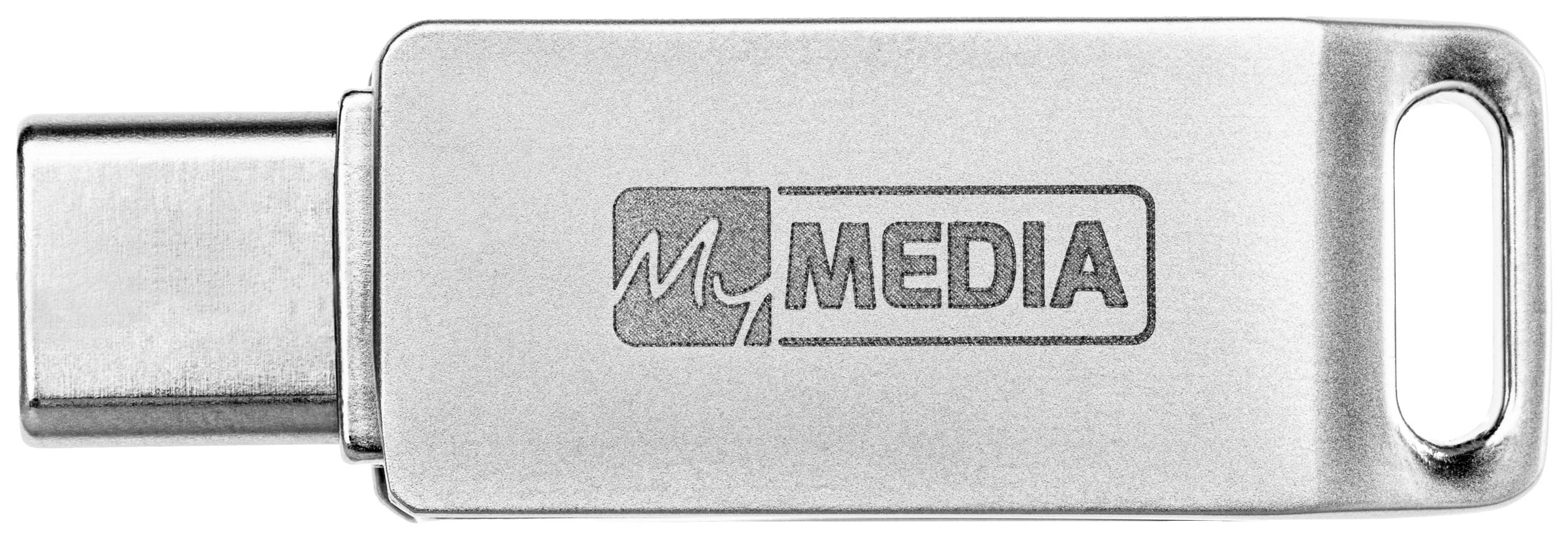USB-Stick mit der Aufschrift 'MEDIA', silberfarbenes Metallgehäuse, USB-A und USB-C Anschlüsse, schlichtes Design.
