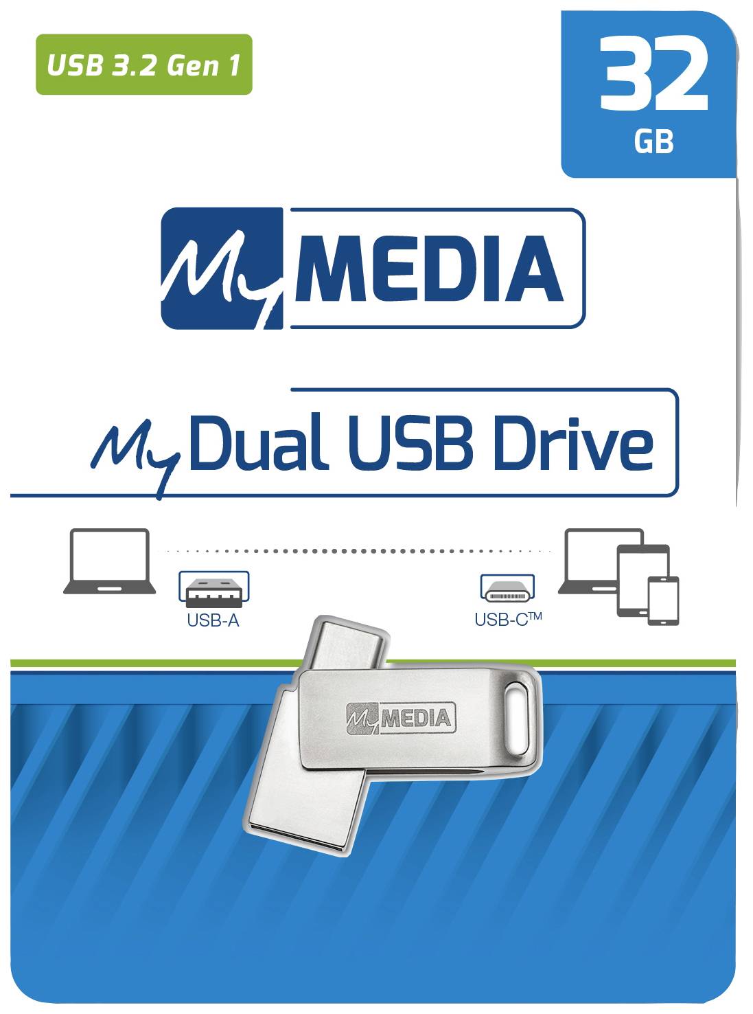 USB-Stick-Verpackung mit 'My Dual USB Drive', USB 3.2 Gen 1, 32 GB. Enthält Abbildungen von USB-A und USB-C® Anschlüssen und kompatiblen Geräten.
