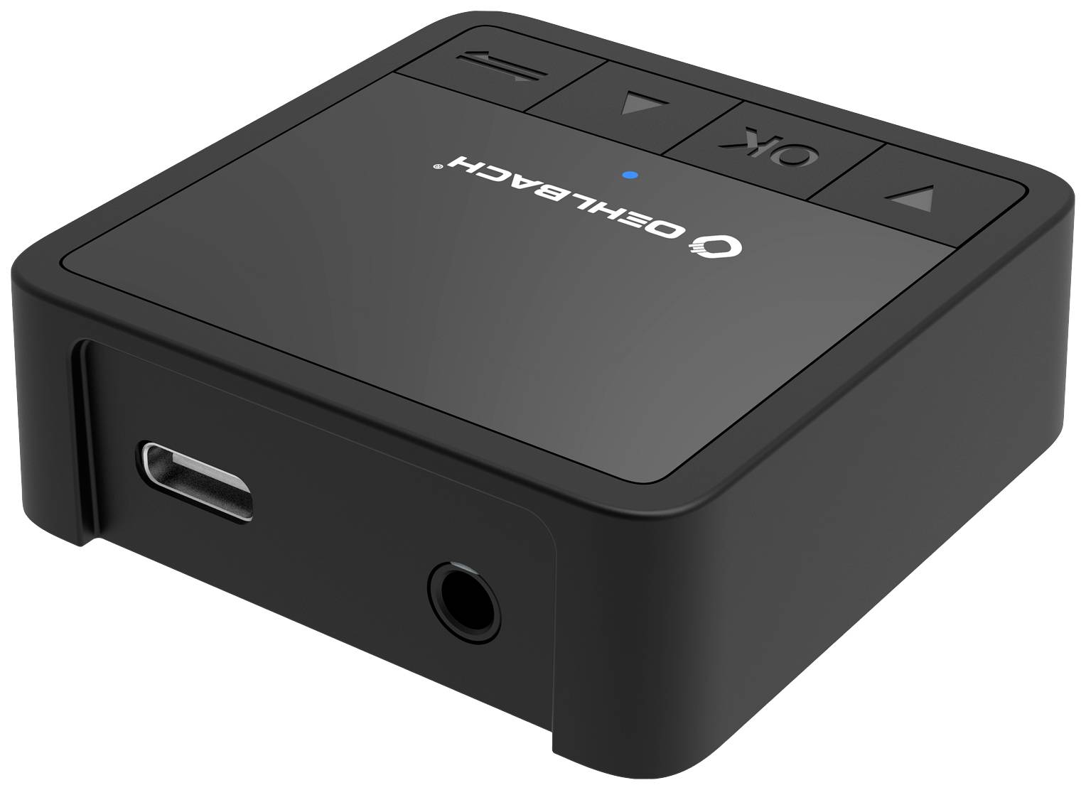 Schwarzes rechteckiges elektronisches Gerät mit USB-Anschluss und mehreren Tasten auf der Oberseite, darunter 'OK' und Pfeiltasten.