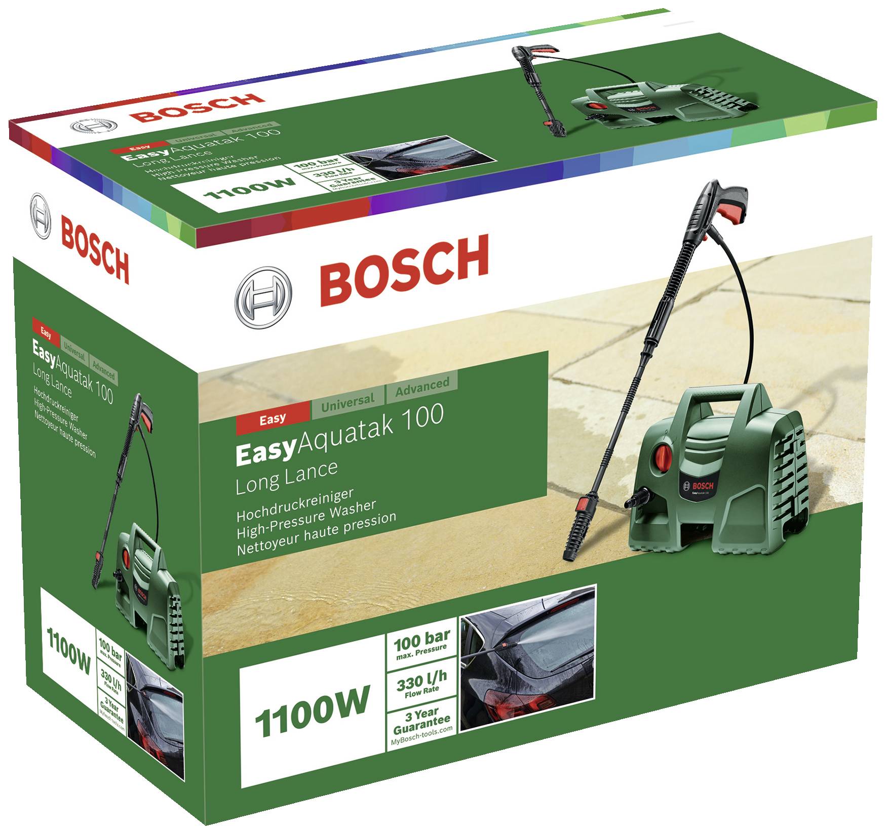 'Bosch EasyAquatak 100' Hochdruckreiniger Verpackung. Leistung: 1100W, 330 l/h. Enthält lange Lanze. Geeignet für Autoreinigung.