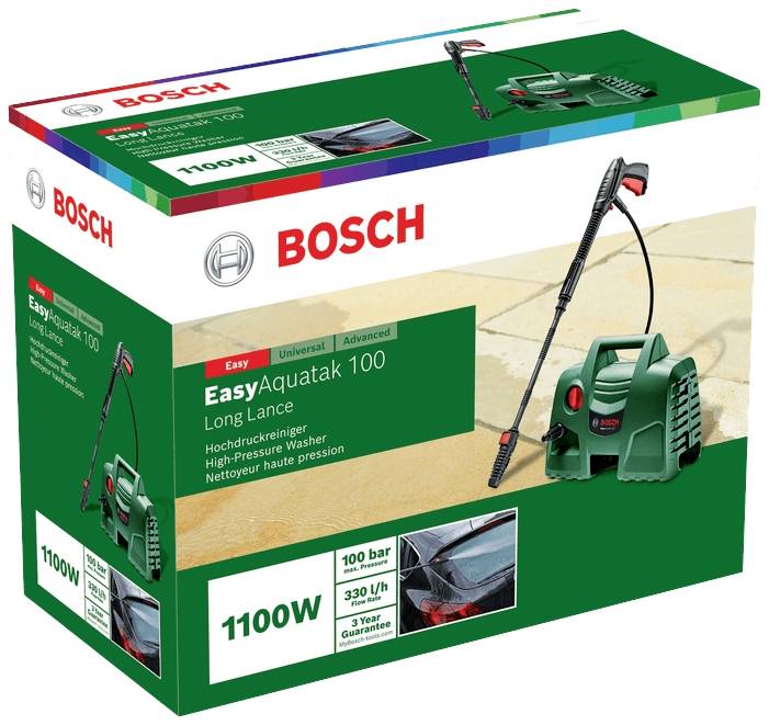 Die Verpackung eines Hochdruckreinigers mit der Aufschrift 'Bosch EasyAquatak 100', zeigt Gerät und Zubehör. Leistung: 1100W, 100 bar.