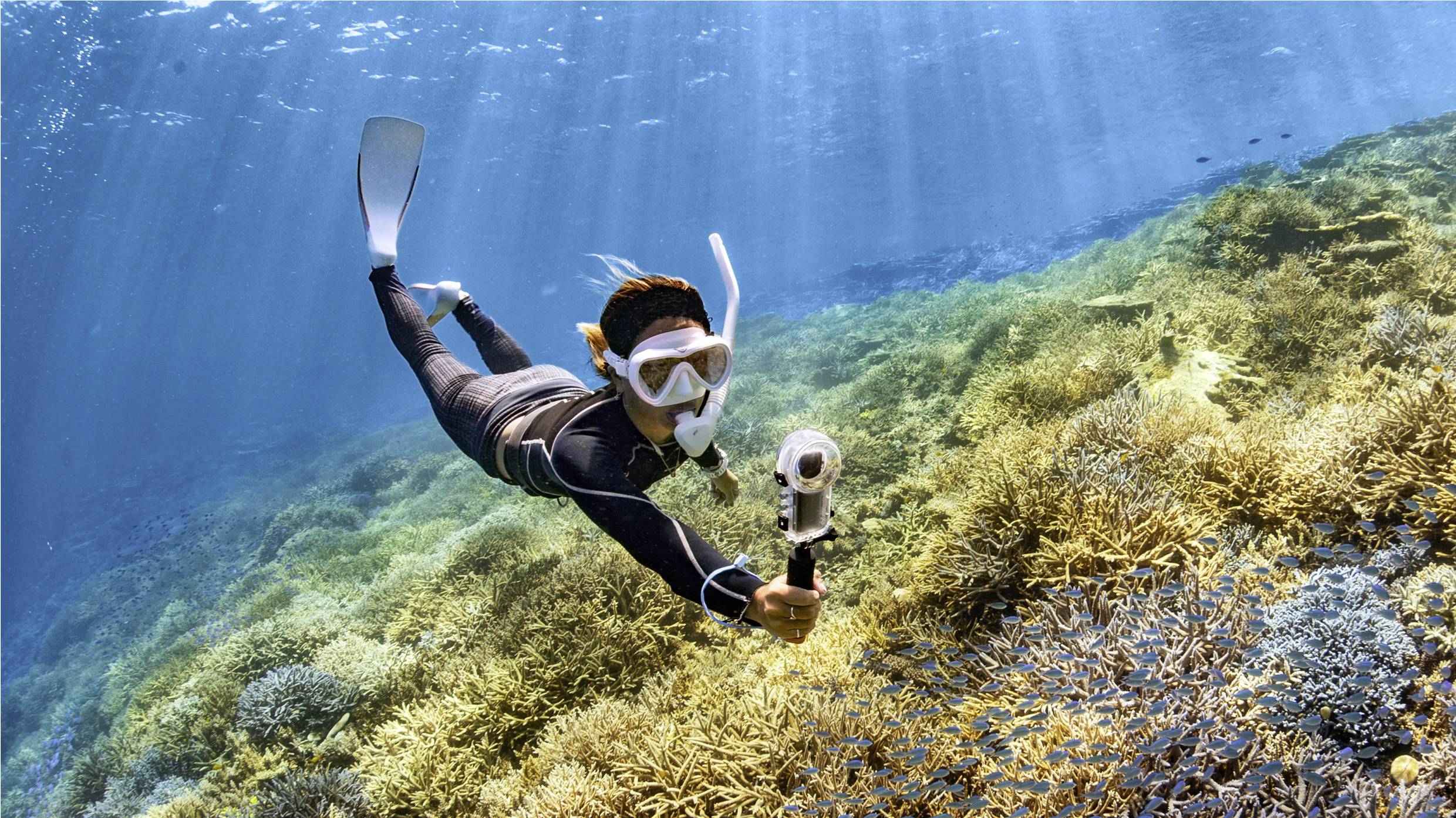 Eine Person taucht schnorchelnd über ein farbenfrohes Korallenriff und hält eine Kamera in der Hand. Sonnenstrahlen dringen durch das klare Wasser.