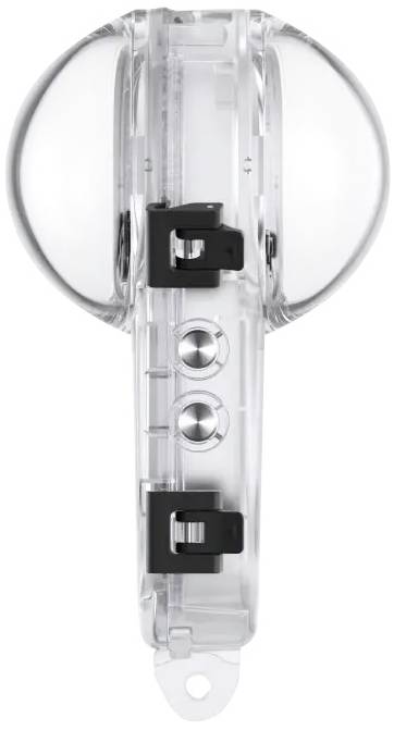 Eine transparente, kugelförmige Kameraabdeckung mit schwarzem Verschluss, möglicherweise für Unterwasseraufnahmen geeignet.