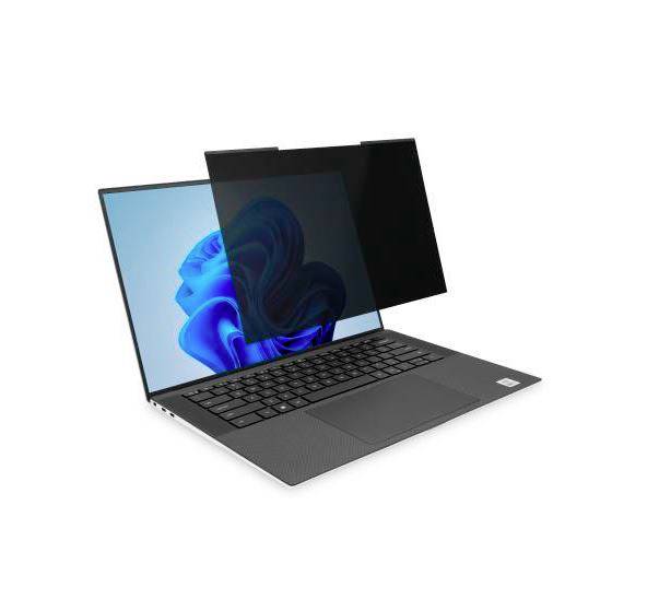 Ein Laptop mit einem Sichtschutz, der die Seitenansicht des Bildschirms blockiert, sodass der Inhalt nur von vorne sichtbar ist.