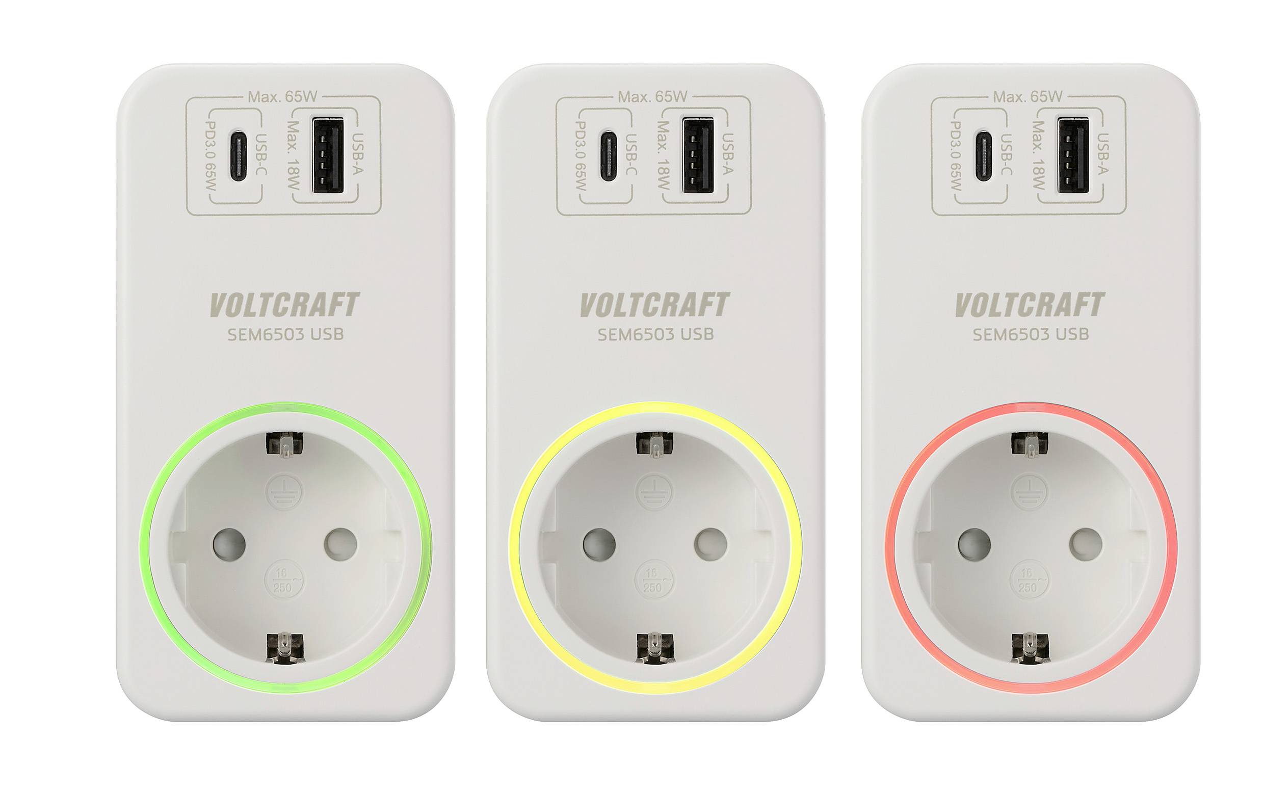 Drei smarte Steckdosen von Voltcraft mit unterschiedlicher LED-Beleuchtung: Rot, Gelb und Grün um die Steckplätze.
