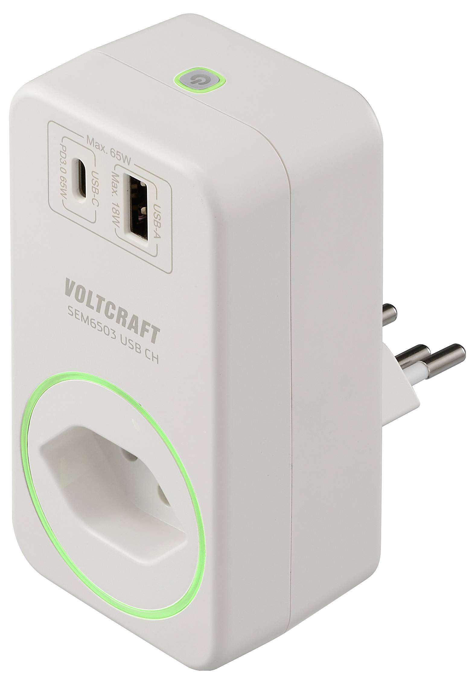 Ein weißer Voltcraft SEM6503 USB CH Stromadapter mit zwei USB-Anschlüssen und einem Stromstecker, mit einer grün beleuchteten Stromschaltfläche.