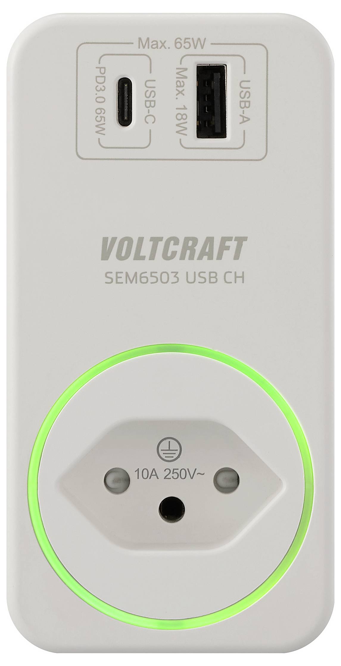 Voltcraft SEM6503 USB-CH-Stromadapter mit USB-C-Anschluss (max. 65W) und USB-A-Anschluss (max. 18W) sowie europäischer Steckdose.