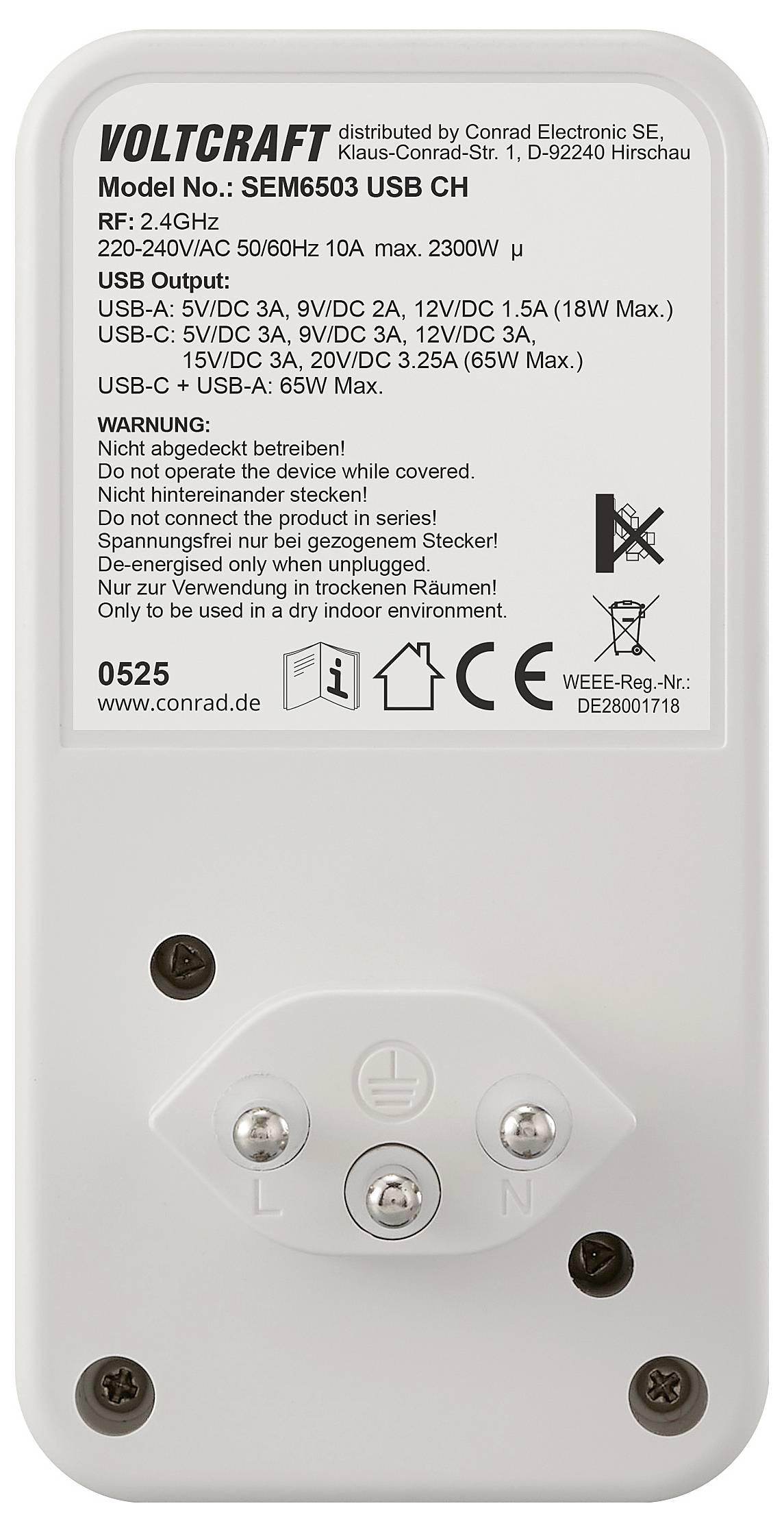 Ein Gerät mit Beschriftungen und Spezifikationen, die die Modellnummer SEM6503 USB CH anzeigen. Zu den Funktionen gehören USB-Ausgänge und eine Warnung zur Verwendung im Innenbereich.