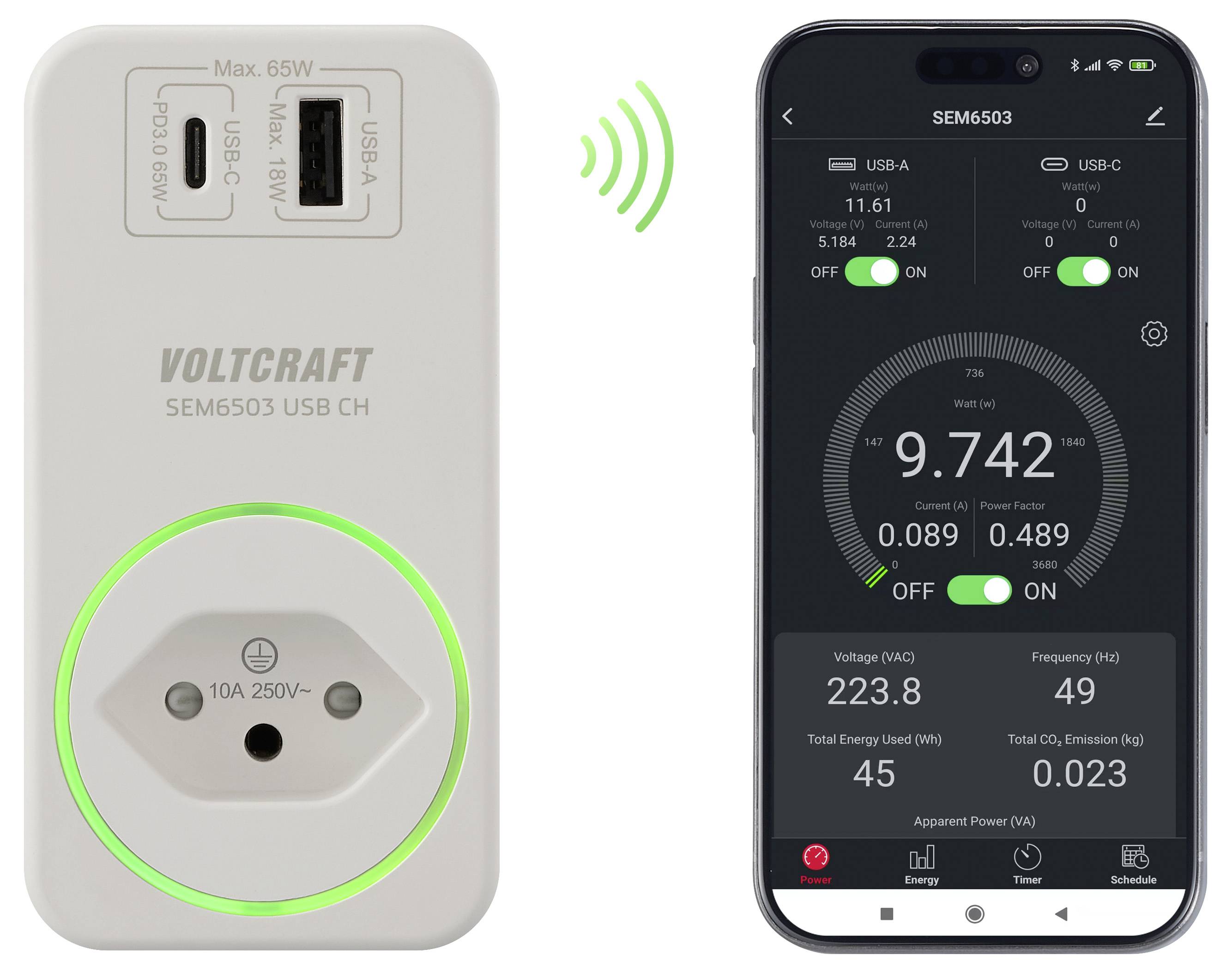 Ein intelligenter Stecker zeigt Echtzeitdaten zum Energieverbrauch in einer Smartphone-App an. Der Stecker hat USB-Anschlüsse und eine Steckdose.