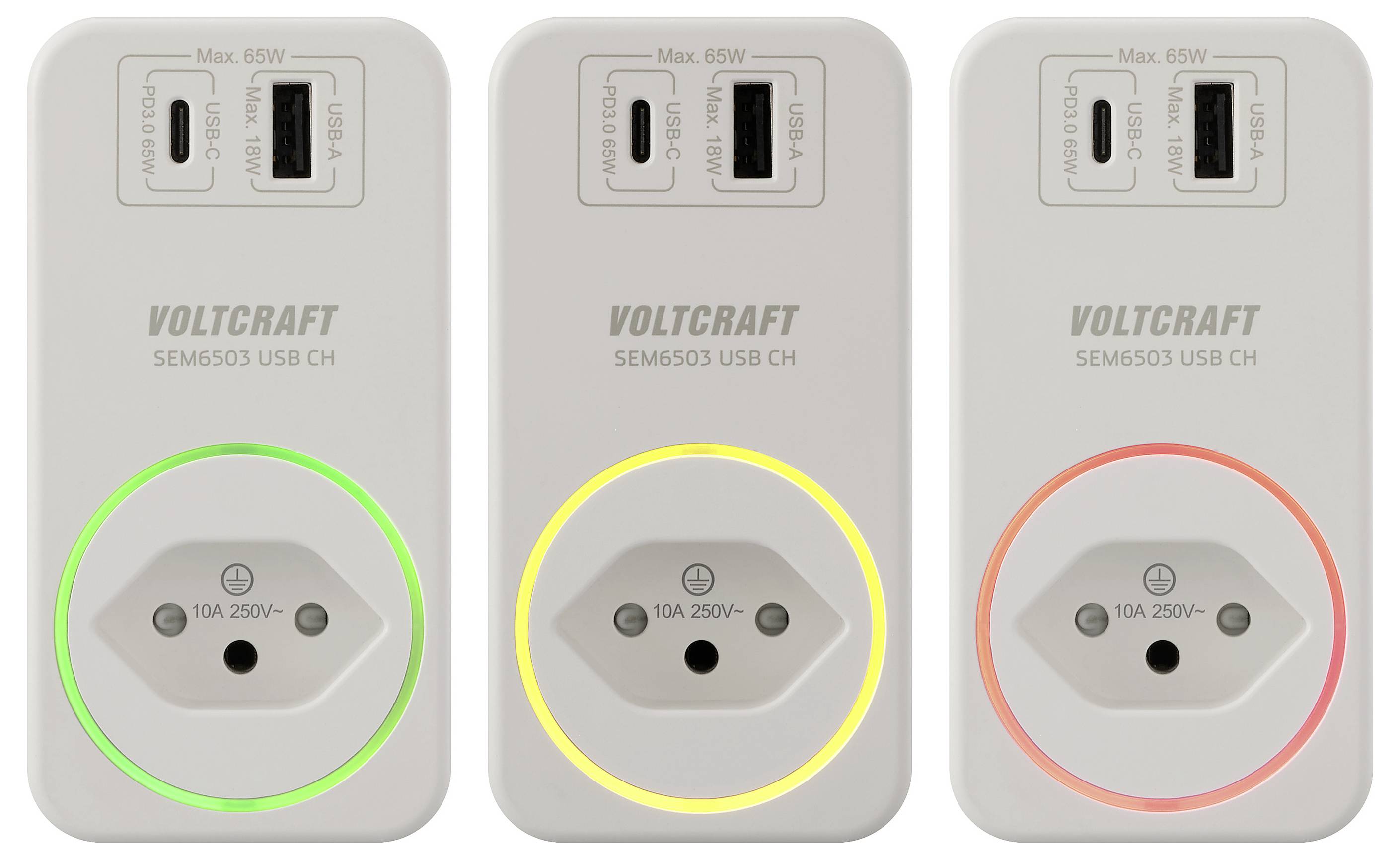Drei Voltcraft-Steckdosen mit USB-Anschlüssen zeigen unterschiedliche LED-Farben an: grün, gelb und rot, die verschiedene Status anzeigen.