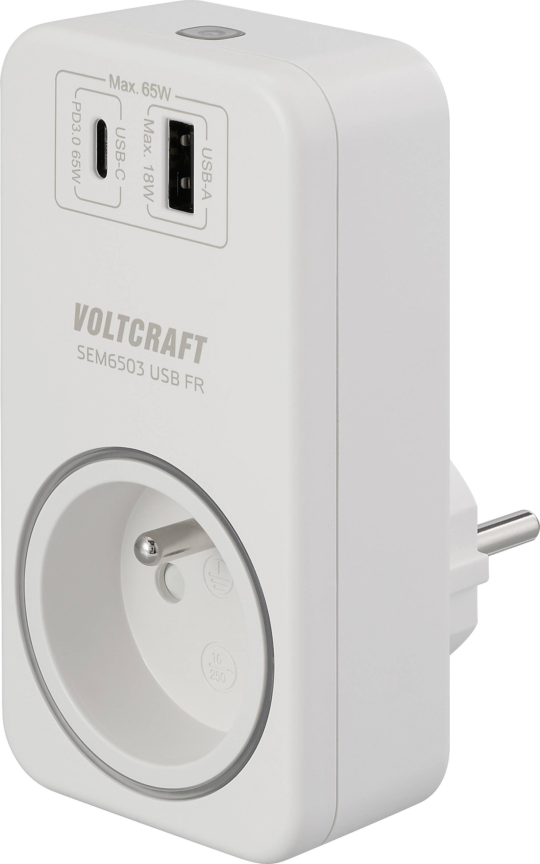 Ein weißes Voltcraft Stecker-Strommessgerät mit USB-C und USB-A Anschlüssen, beschriftet mit „Max. 65W