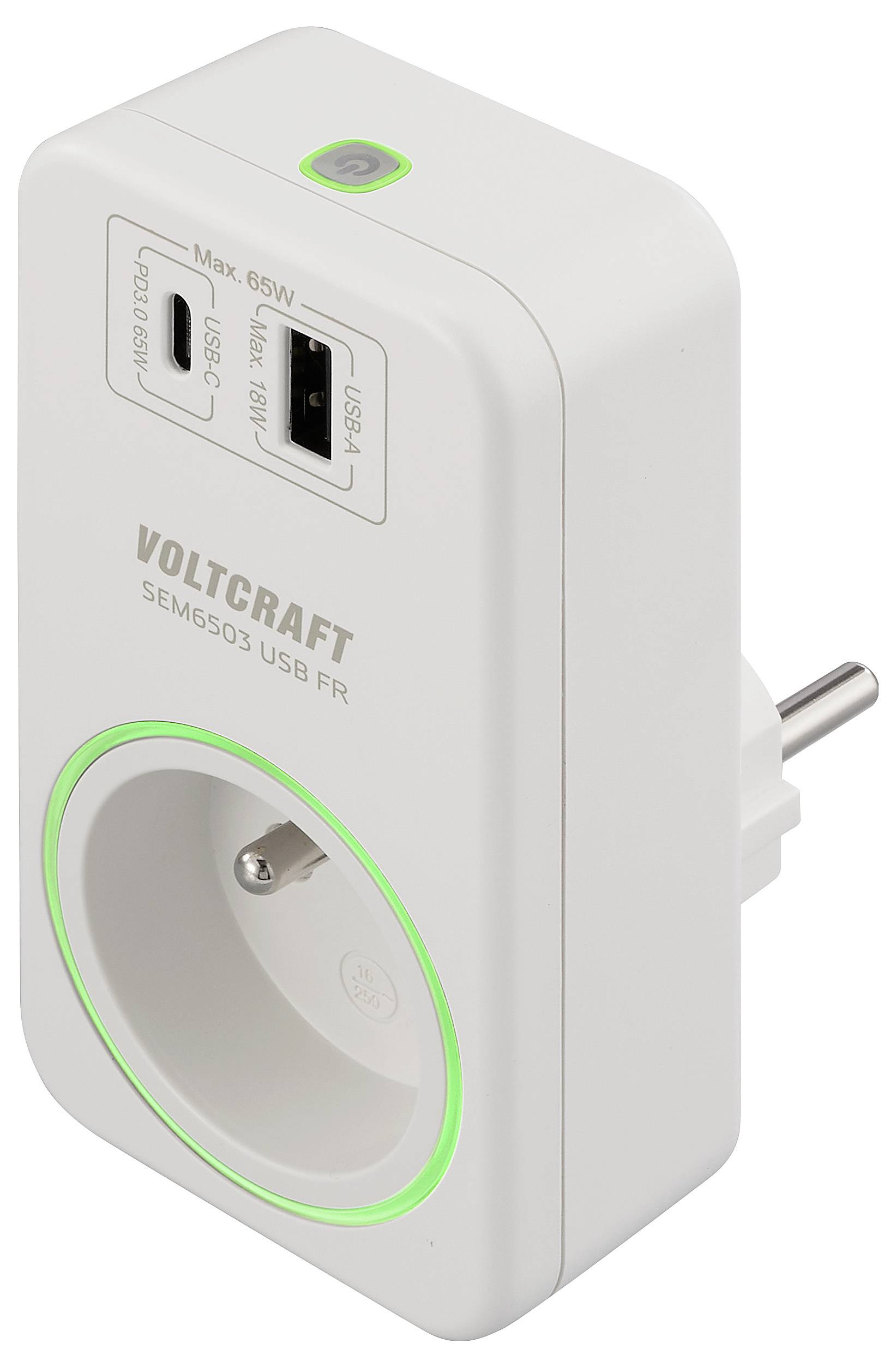 Ein weißes Voltcraft SEM6503 USB-Ladegerät mit europäischem Stecker, mit USB-C-Anschluss und USB-A-Anschluss, maximale 65-W-Ausgangsleistung.