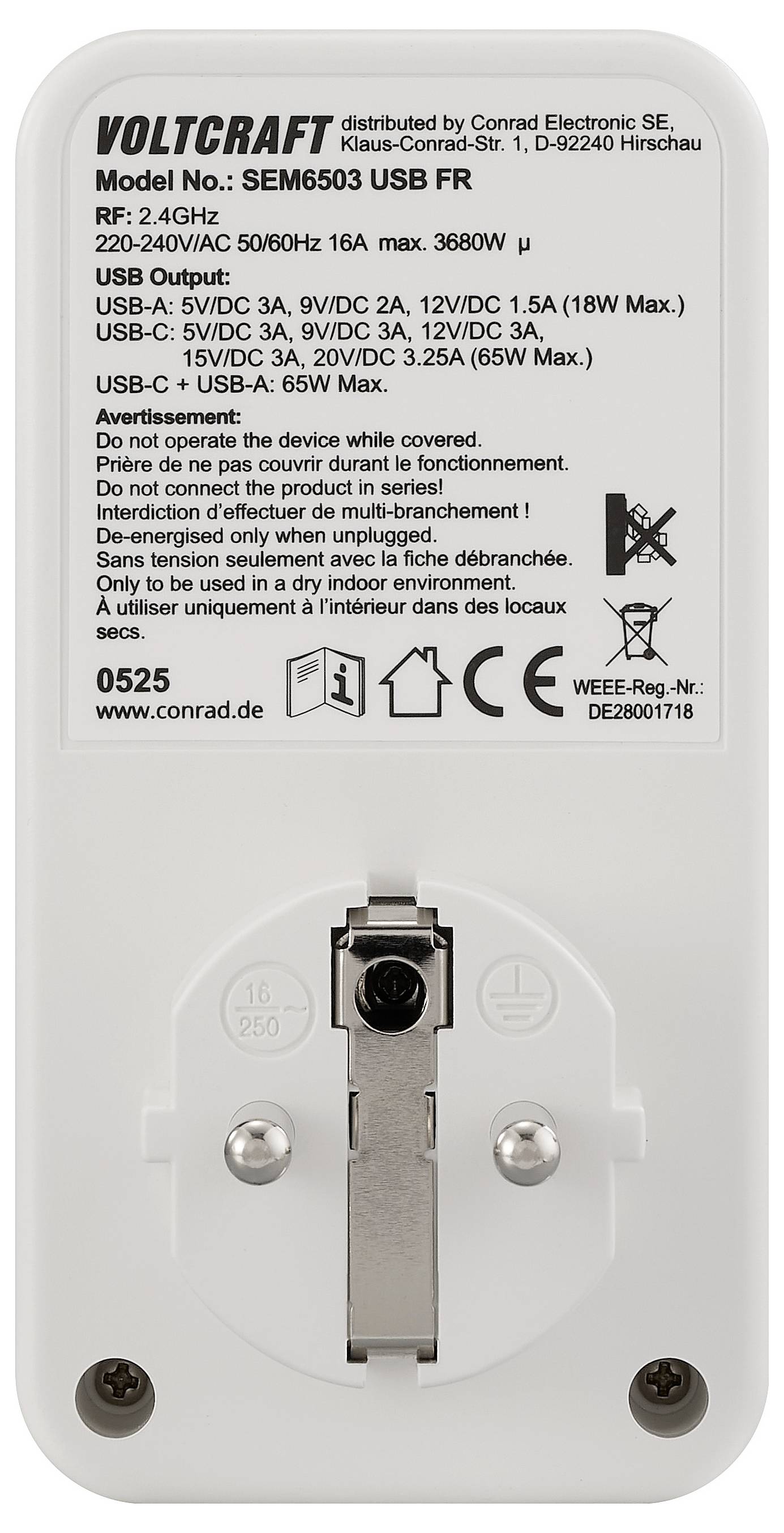„VOLTCRAFT SEM6503 USB FR Energiemessgerät mit Anzeige von Modell und Spezifikationen. Ausstattungsmerkmale umfassen USB-Ausgänge und Energiebewertungen.