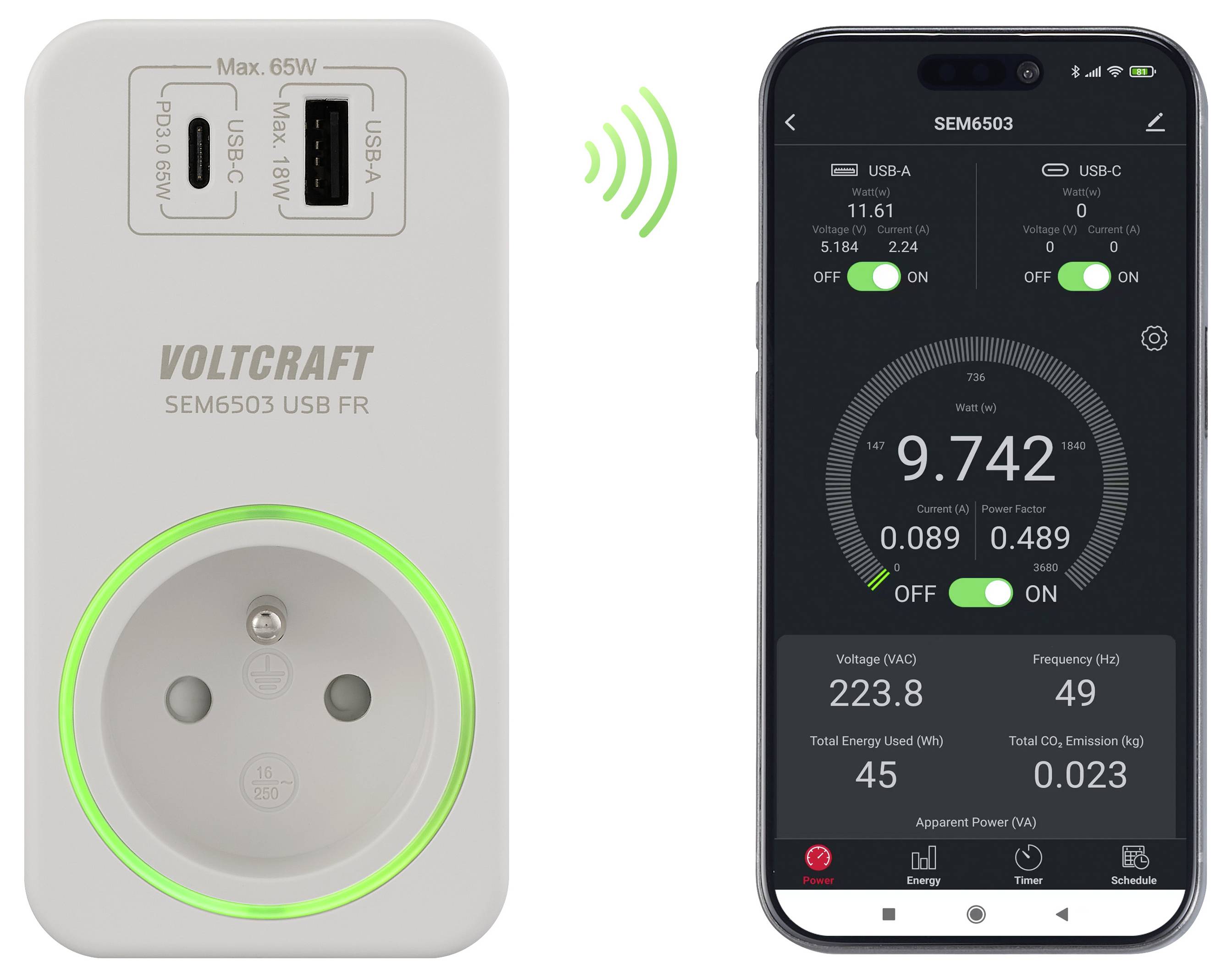 Ein intelligenter Stecker und eine Smartphone-App zeigen Energieverbrauchsdaten an. Der Stecker zeigt eine Verbindung an, während die App Echtzeit-Spannungs- und Leistungsstatistiken anzeigt.