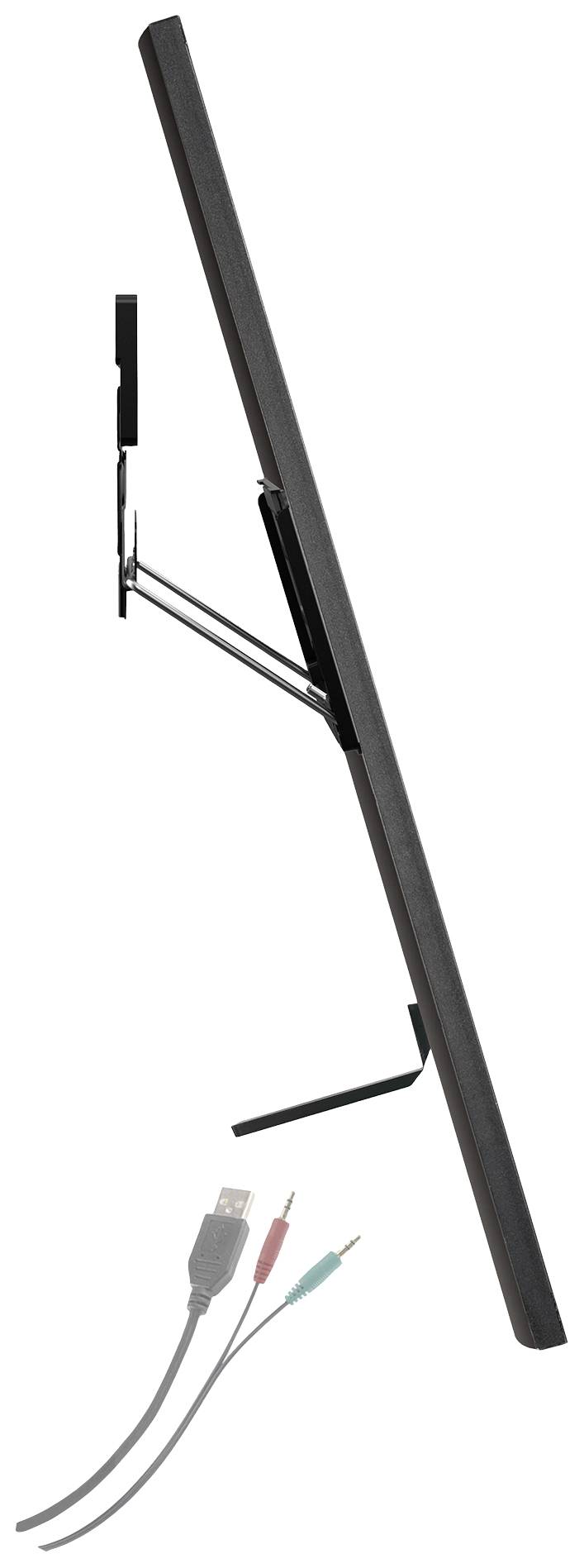 Ein schlanker, seitlich dargestellter Monitor mit zwei farbigen Anschlusskabeln darunter, die sich für USB und Audio zu eignen scheinen.