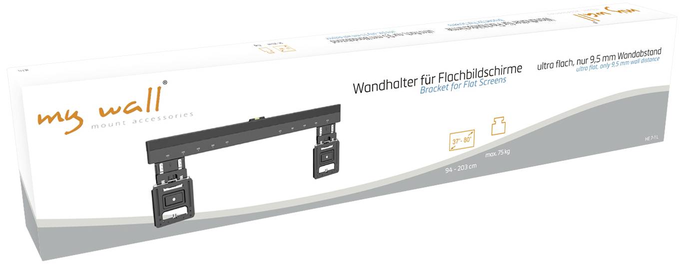 Verpackung für Wandhalterung 'my wall' für Flachbildschirme, mit Abbildung des Halters. Text: 'ultra flach, nur 9,5 mm Wandabstand'.