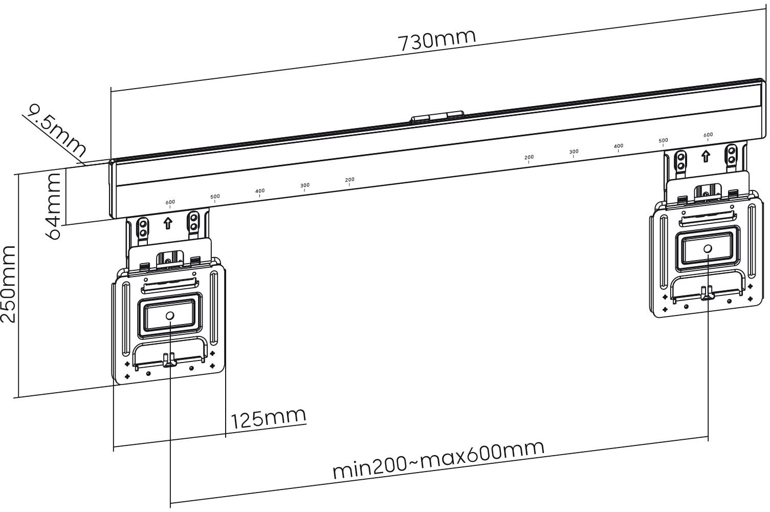 Technische Zeichnung einer Halterung mit Maßen: Breite 730 mm, Höhe 250 mm, Tiefe 125 mm. Einstellbar zwischen 200-600 mm.