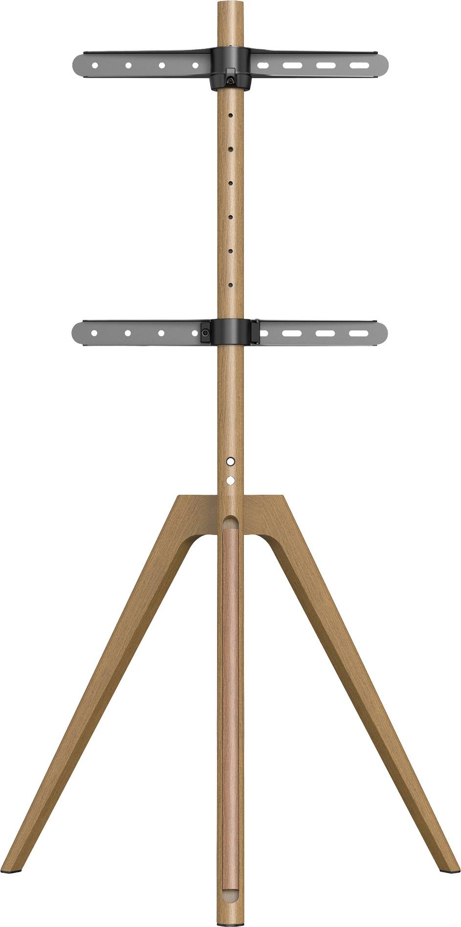 TV-Ständer aus Holz mit dreibeinigem Design und Höhenverstellung. Geeignet zur Montage eines Flachbildfernsehers.
