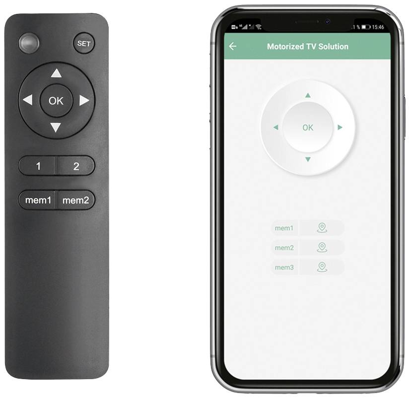 Schwarze Fernbedienung mit Steuerknöpfen neben einem Smartphone-Display mit App-Anzeige zur Steuerung und Speicherung von Einstellungen.