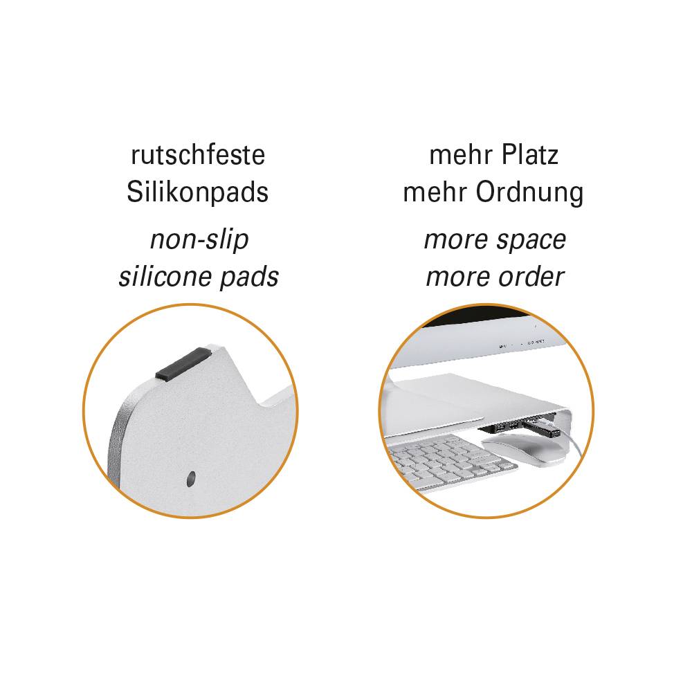 'Rutschfeste Silikonpads' und 'Mehr Platz, mehr Ordnung' mit Bildern von einem rutschfesten Pad und einem aufgeräumten Schreibtisch.