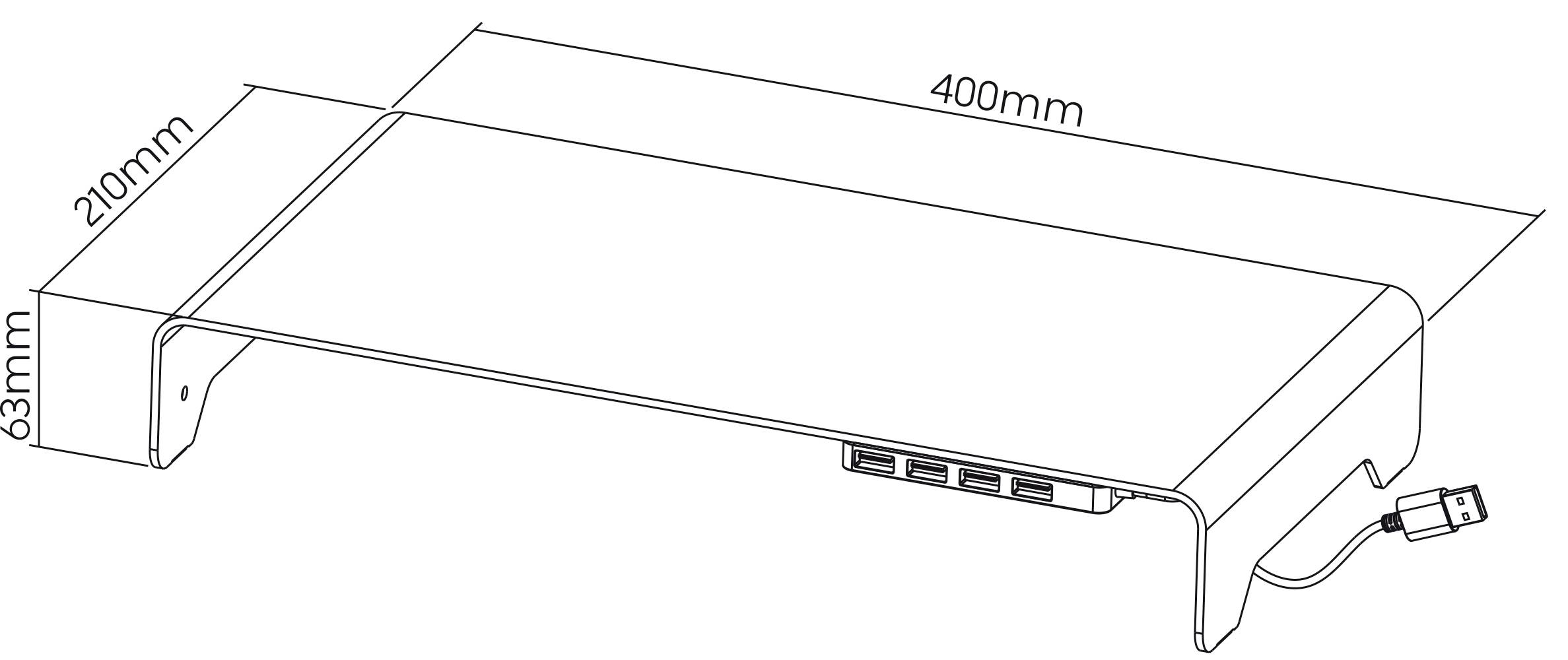 Diagramm eines Monitorständers mit den Maßen 400 mm x 210 mm x 63 mm. Enthält seitliche USB-Anschlüsse und ein herausragendes Kabel.