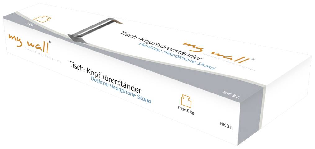 Verpackung eines Tisch-Kopfhörerständers mit der Aufschrift 'my wall'. Kapazität bis 5 kg. Modellbezeichnung: HK 3L.
