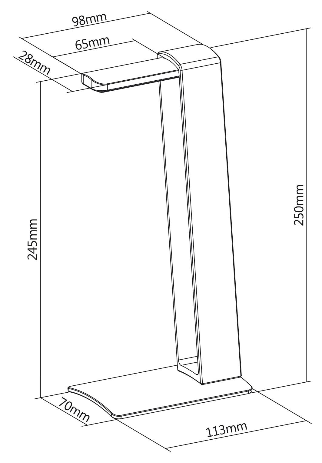 Skizze einer modernen Lampe mit Maßen: Höhe 250mm, Breite 113mm, längerer Ausleger 98mm, kürzerer 28mm, Sockel 70mm breit.