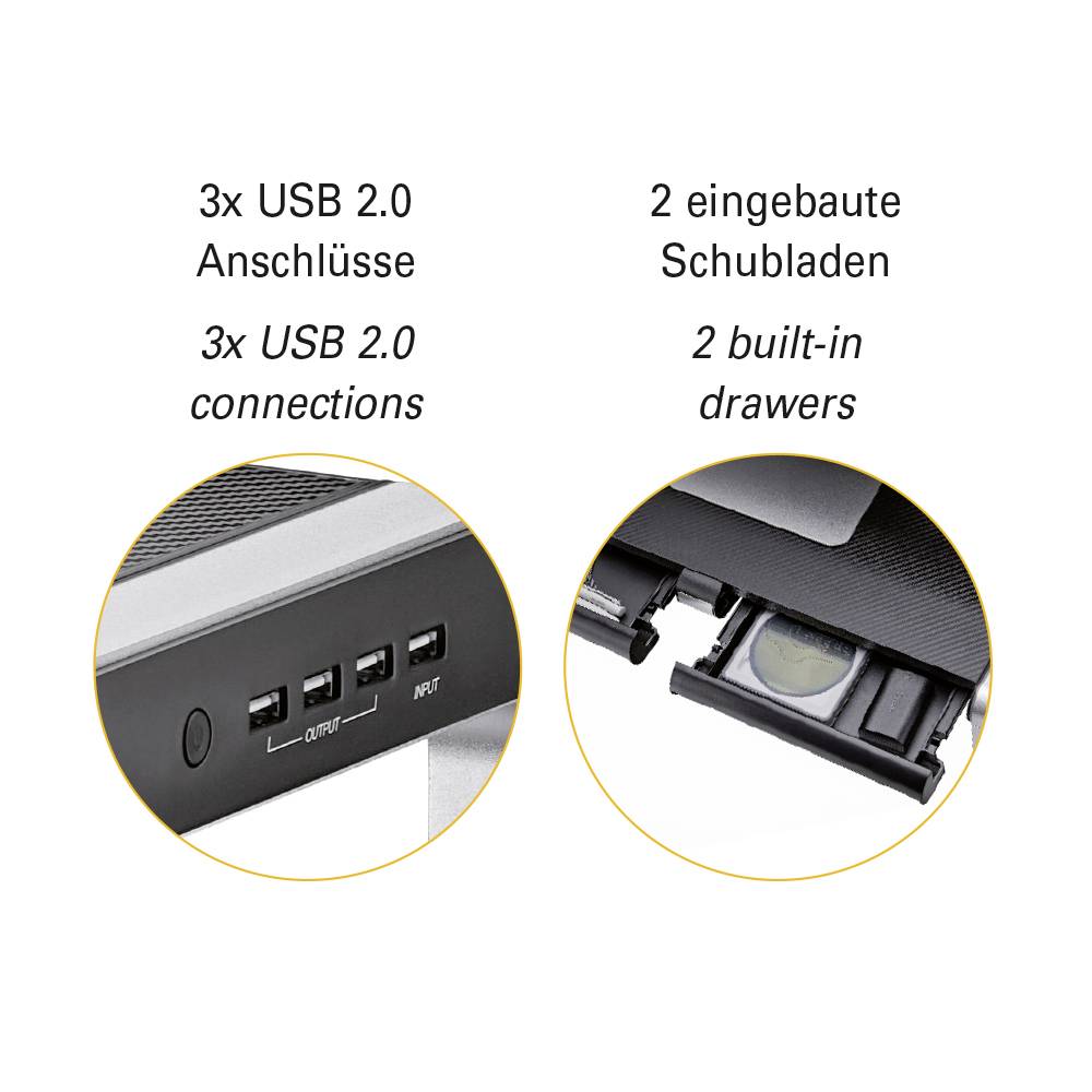 '3x USB 2.0 Anschlüsse' mit Symbolen und '2 eingebaute Schubladen' mit Bild. Beides betont technische Funktionen eines Geräts.