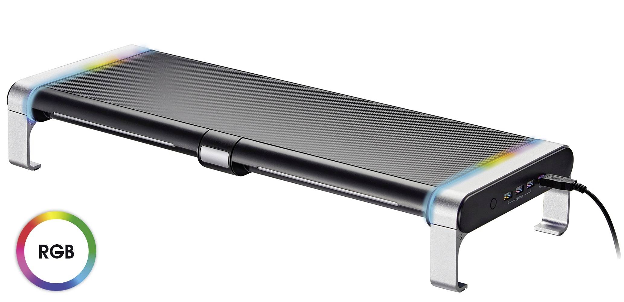 Laptopständer mit integrierter RGB-Beleuchtung, USB-Anschlüssen und schwarz-silbernem Design auf einem weißen Hintergrund.