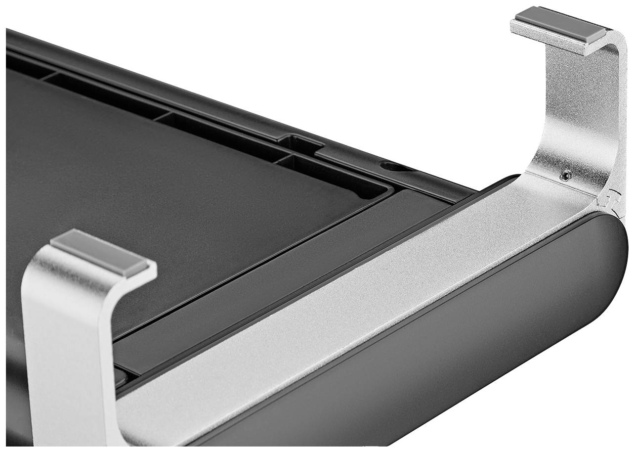 Laptopständer aus Metall mit einem schlanken, minimalistischen Design für einen sicheren und stabilen Halt. Ideal für Bürotische.
