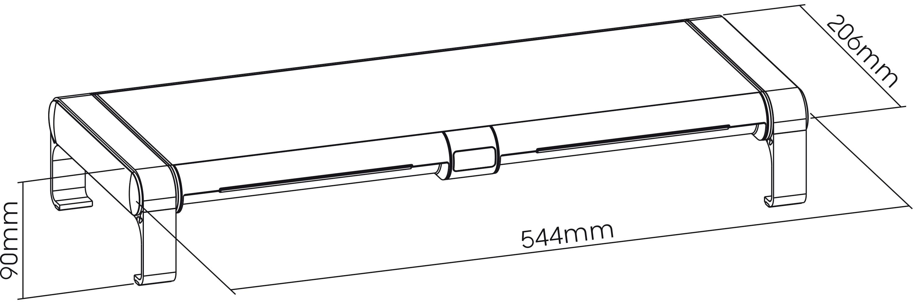 Technische Zeichnung eines rechteckigen Regals mit Abmessungen: 544 mm Länge, 206 mm Breite, 90 mm Höhe.