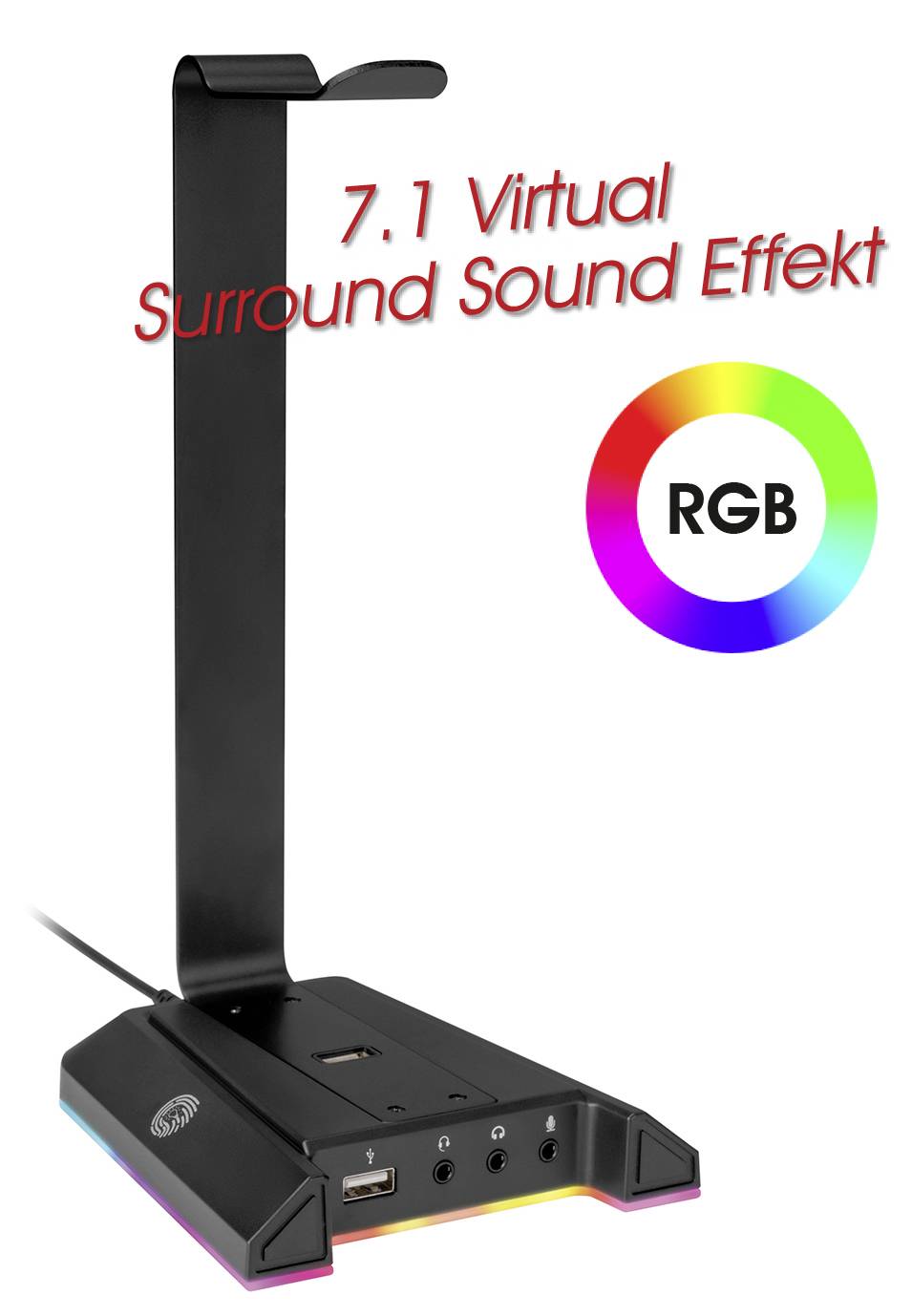 Schwarzer Headset-Ständer mit '7.1 Virtual Surround Sound Effekt' in rotem Text und einem bunten RGB-Kreis auf weißem Hintergrund.