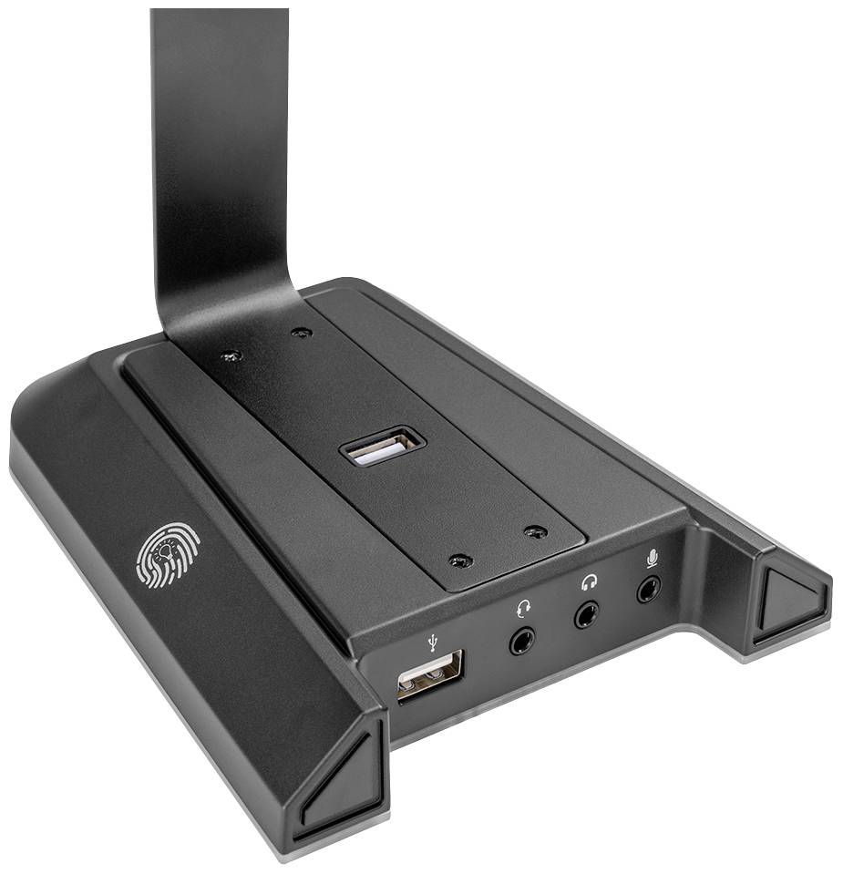 Beleuchteter Mikrofonständer mit Fingerabdruck-Symbol, USB-Anschluss und Audiobuchsen, geeignet für professionelle Audio-Setups.