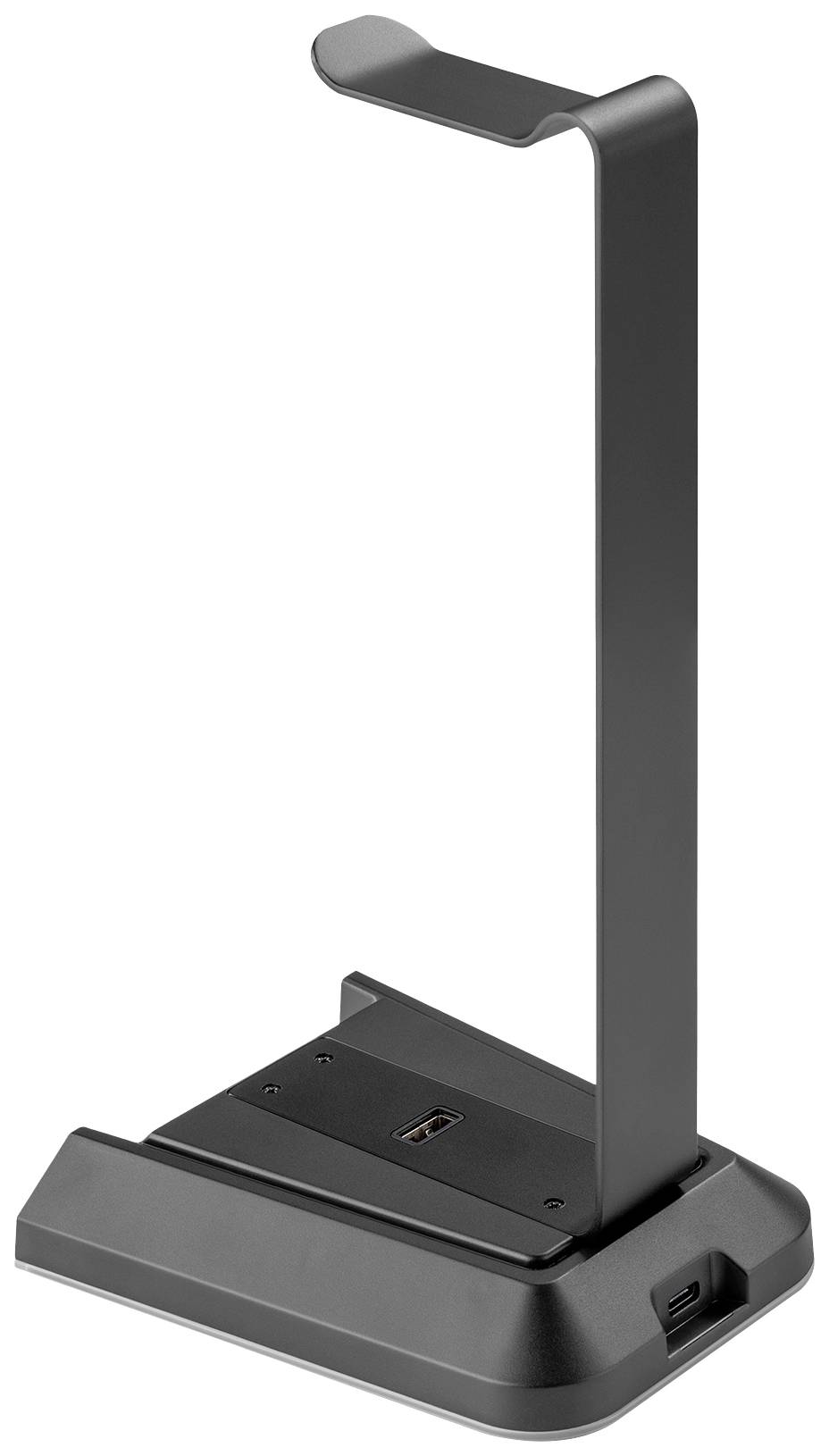 Ein schwarzer Kopfhörerständer mit USB-Anschluss, geeignet zur Aufbewahrung von Over-Ear-Kopfhörern.