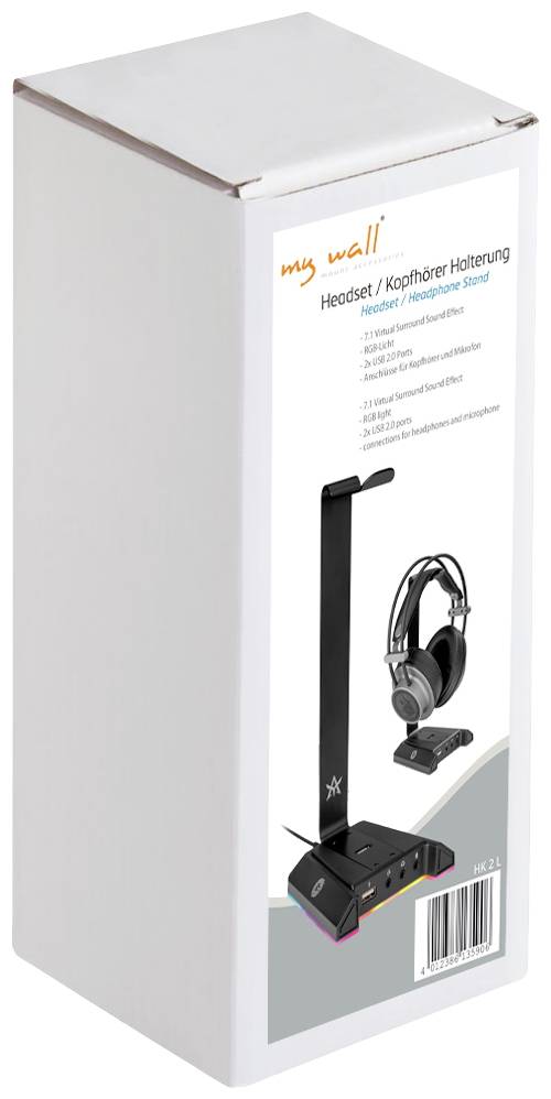 Kartonverpackung eines 'my wall' Headset-Ständers. Zeigt ein Headset auf der Halterung und listet Funktionen wie Kopfhöreraufbewahrung auf.