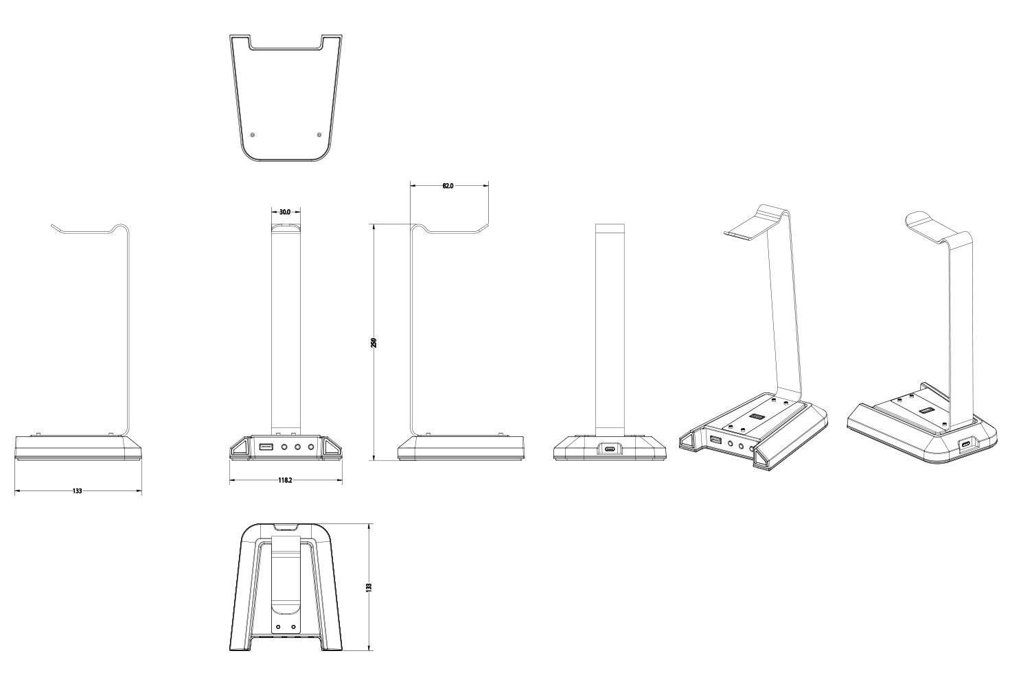 Zeichnung eines Kopfhörerständers in verschiedenen Ansichten und Perspektiven, mit Maßangaben für Breite, Höhe und Tiefe.