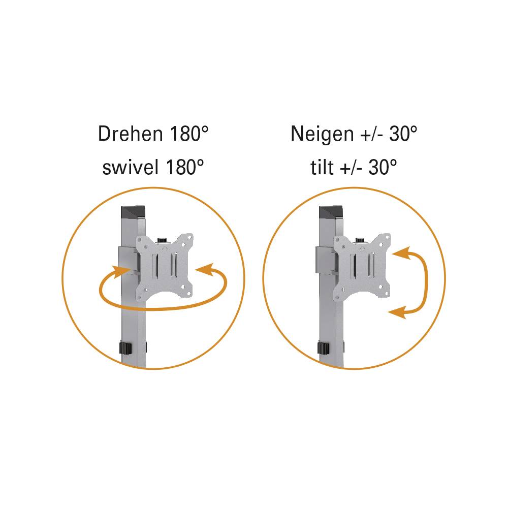 Das Bild zeigt zwei Monitorhalterungseinstellungen: 'Drehen 180°' mit einer drehenden Bewegung, und 'Neigen +/- 30°' mit Neigung.