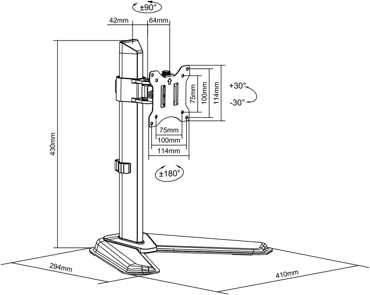 Technische Zeichnung eines Monitorständers: Höhenverstellbar bis 430mm, Neigung von +90° bis -30°, Schwenkbereich 180°, Basisgröße 410x294mm.