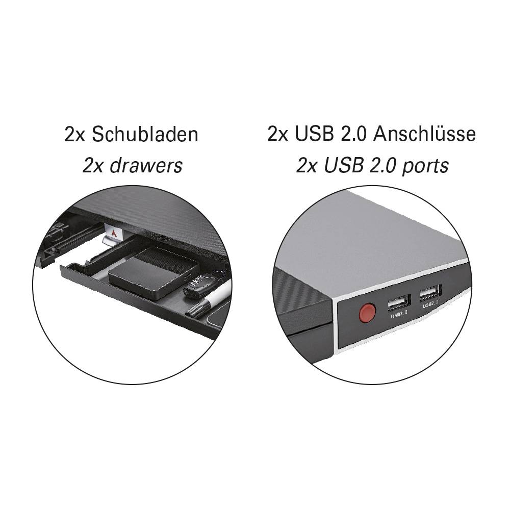 '2x Schubladen, 2x USB 2.0 Anschlüsse' mit Bildern von Schubladen und USB-Ports als Beispiele für die jeweiligen Funktionen.