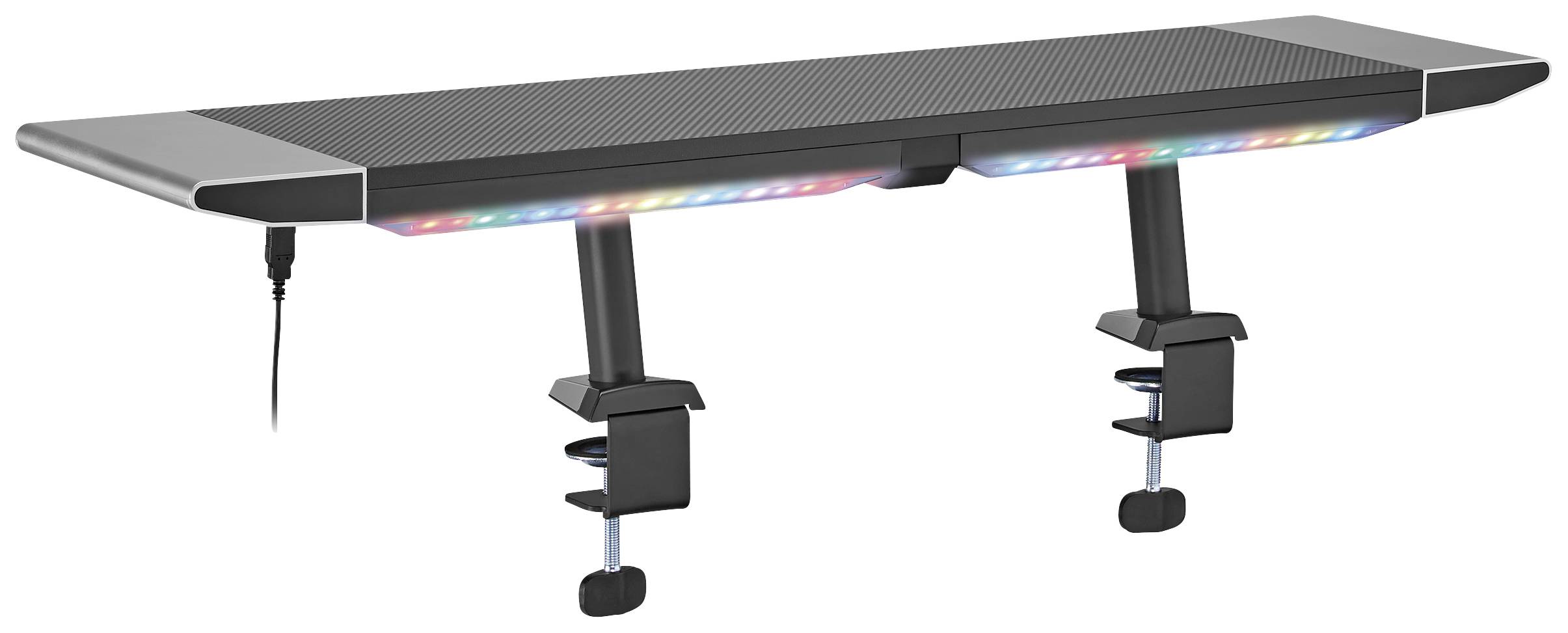 Höhenverstellbare Monitorhalterung mit LED-Leuchten und zwei Befestigungsklemmen, geeignet für Schreibtische.
