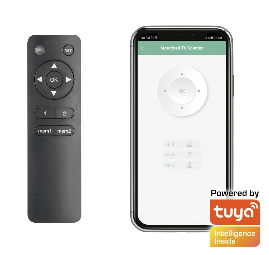 Eine Fernbedienung neben einem Smartphone mit geöffneter App, die eine motorisierte TV-Lösung zeigt. Unten rechts 'Powered by tuya'.