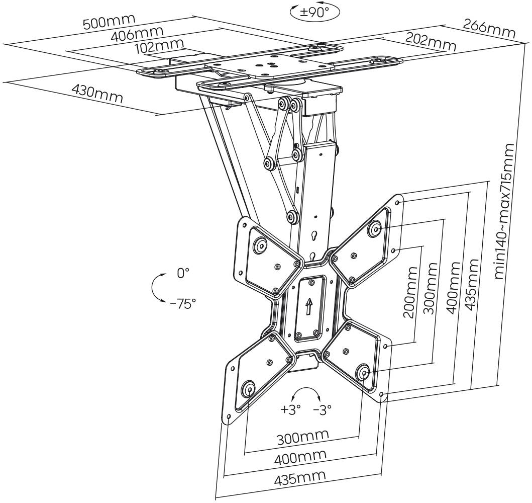 Technische Zeichnung einer verstellbaren Halterung mit Maßen: 500mm Breite, 266mm Tiefe, neigbar von -75° bis +90°, ausziehbar bis 775mm.