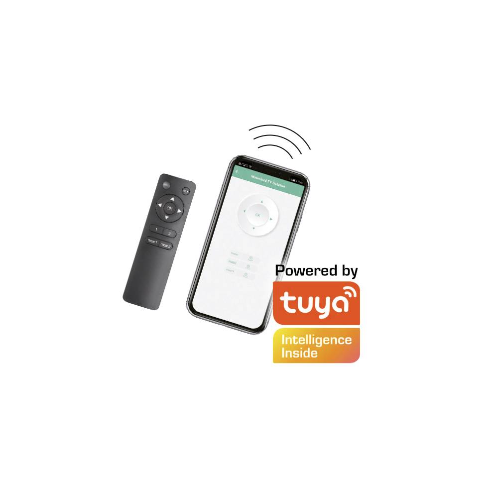 Fernbedienung und Smartphone mit geöffneter App, die einen Ventilator steuert. Auf dem Smartphone steht 'Powered by Tuya'.