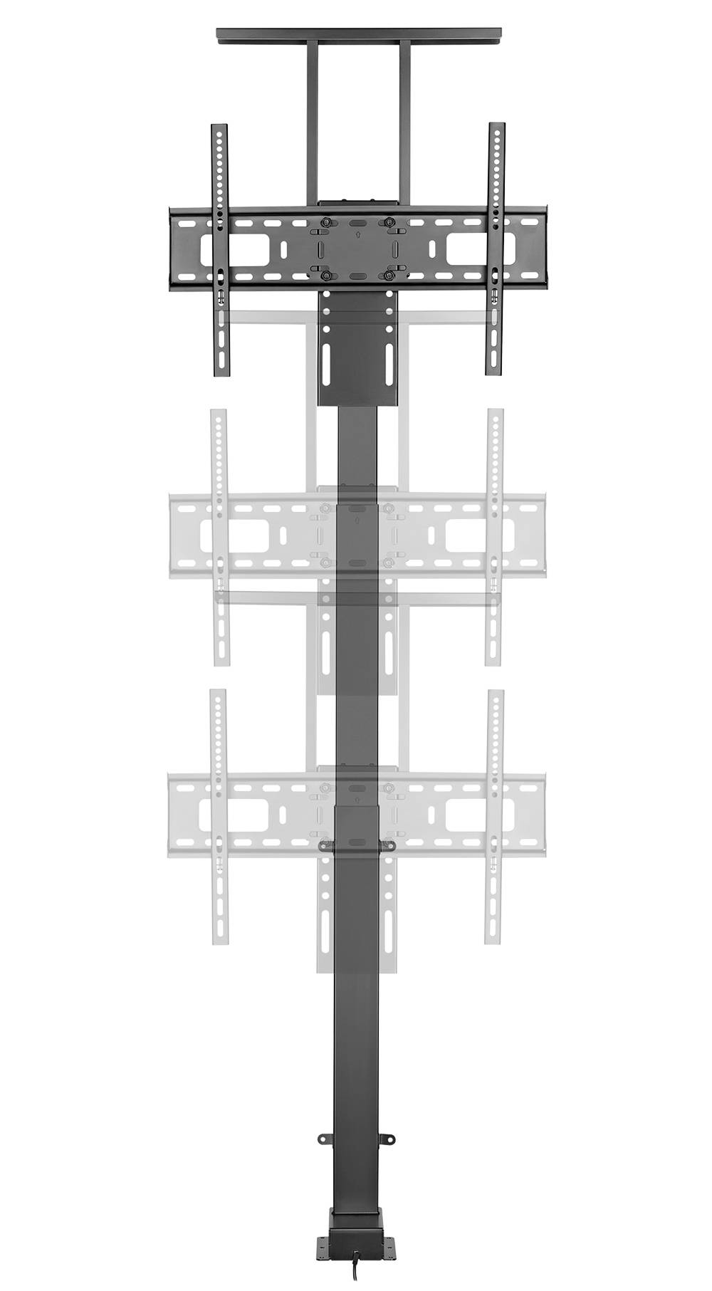 Verstellbare TV-Halterung in aufrechter Position, mit mehreren Stufen zur Höhenanpassung. Geeignet für Deckenmontage.