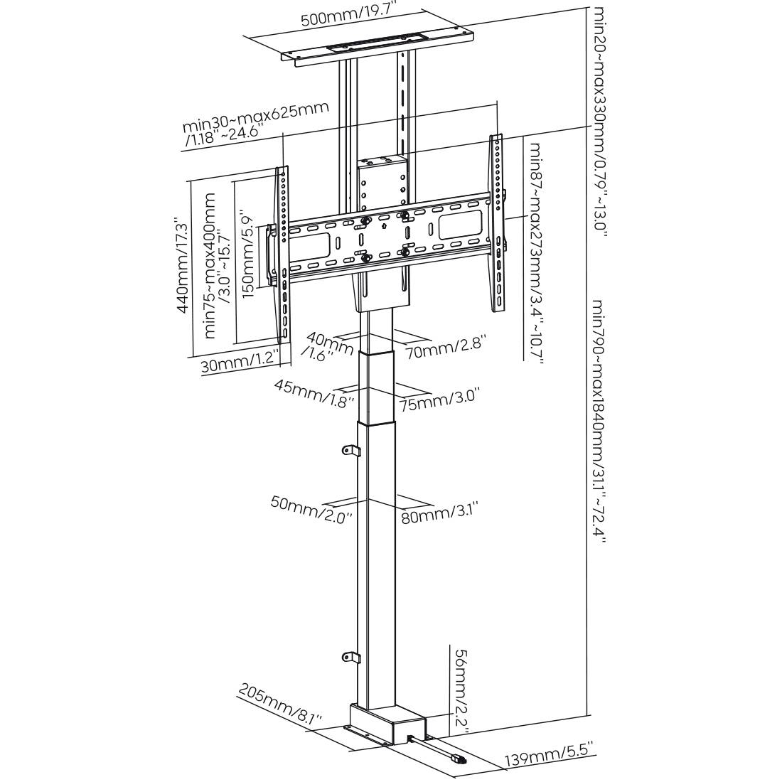 Diagramm einer TV-Deckenhalterung mit verstellbaren Höhen und Breiten, Abmessungen in Millimetern und Zoll angegeben.