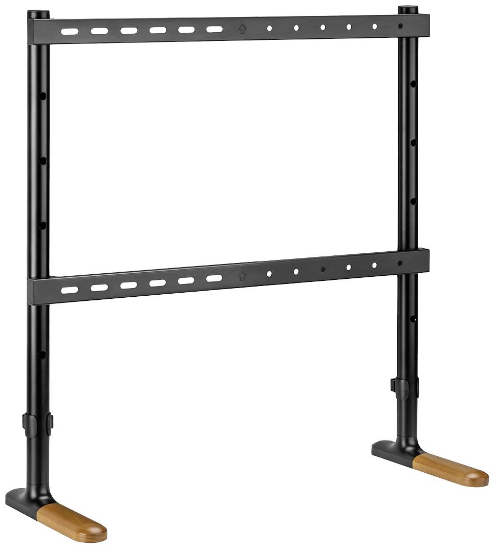 Ein höhenverstellbarer TV-Standfuß aus schwarzem Metall mit Holzdetails an den Füßen, geeignet zur flexiblen Montage von Fernsehgeräten.