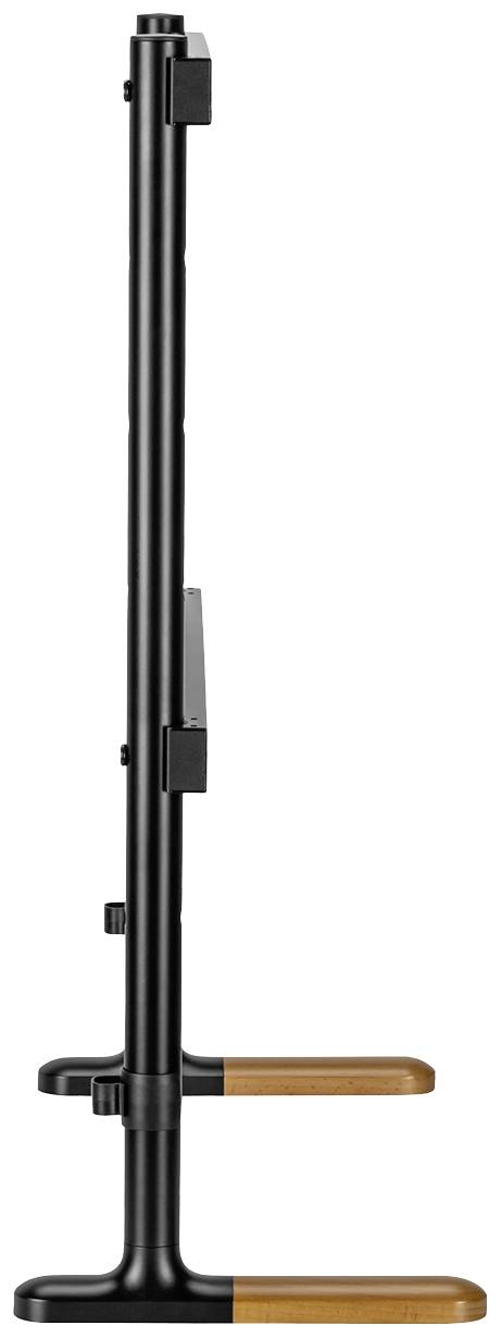 Schwarzer Ständer mit seitlichen Holzakzenten, in Seitenansicht. Geeignet zur Unterstützung von Bildschirmen oder Monitoren.