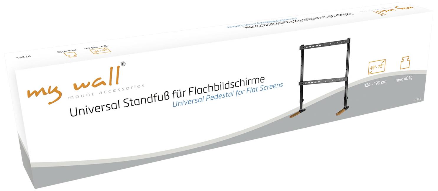 Verpackung eines Universal-Standfußes für Flachbildschirme mit Abbildung des Produkts. Markenname 'my wall'. Geeignet bis 75 Zoll.